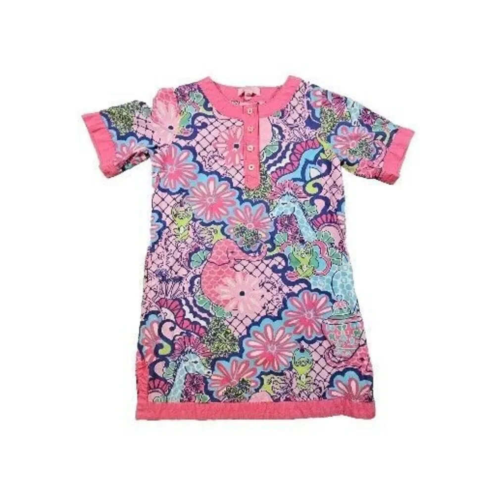 Lilly Pulitzer Short Sleeve Tunic Dress Animals Floral Pink Cotton Youth Girls 8